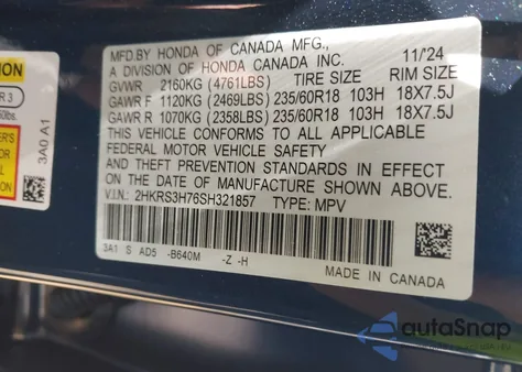 2025 Honda Cr-V Ex-L 2Wd from USA, damaged, VIN 2HKRS3H76SH321857